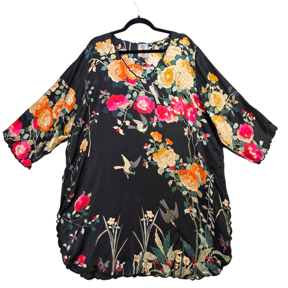 Johnny Was Black Floral Embroidered Tunic with Pink, Orange and Yellow Blooms